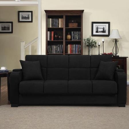 black sofa bed with drink holders